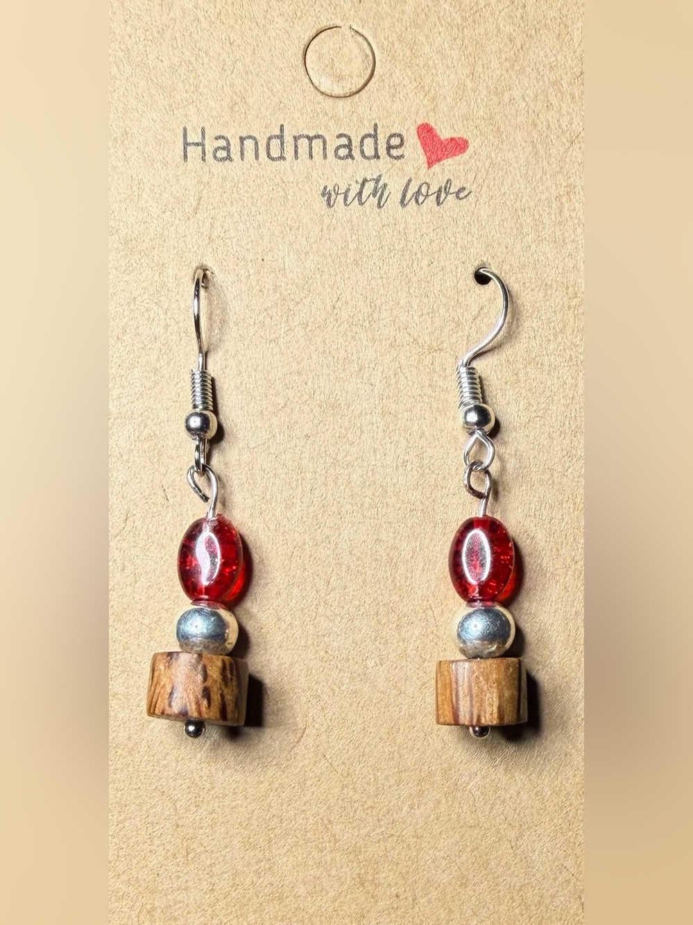 ✨Handmade✨ Red Glass, Sterling Silver & Wood Drop Earrings - Stainless Steel